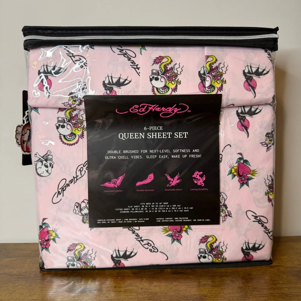 New Ed Hardy Queen 4 Pc Double Brushed Sheet Set Pink Dragon Skull Bedding Y2K